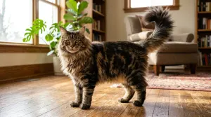 Full body view of a large adult Maine Coon cat showing its rectangular body, shaggy coat, and bushy tail.