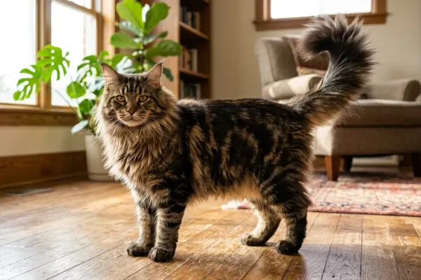 Full body view of a large adult Maine Coon cat showing its rectangular body, shaggy coat, and bushy tail.