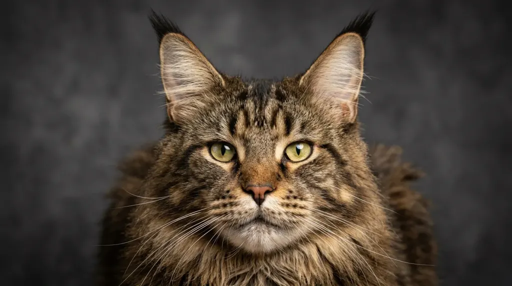 Close-up of a Maine Coon cat head highlighting the square muzzle, oval eyes, and lynx-tipped ears.