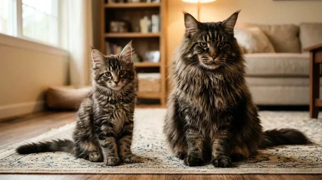 Maine Coon kitten sitting beside a mature adult Maine Coon showing growth and coat differences.