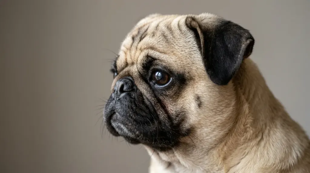 Close-up of a Pug's flat facial features and deep wrinkles showing brachycephalic skull structure