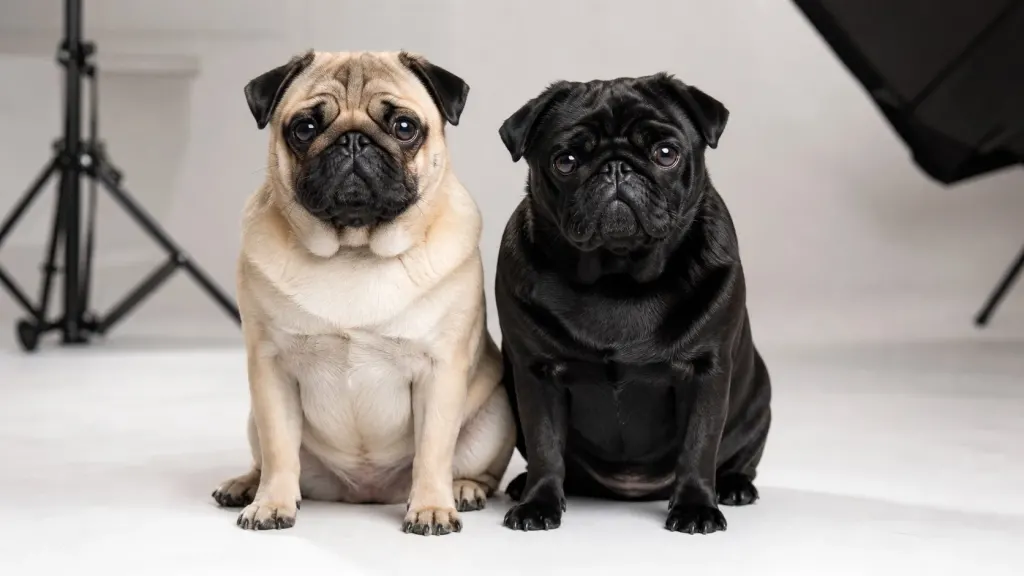 Fawn Pug with black mask sitting beside a solid black Pug displaying recognized coat colors