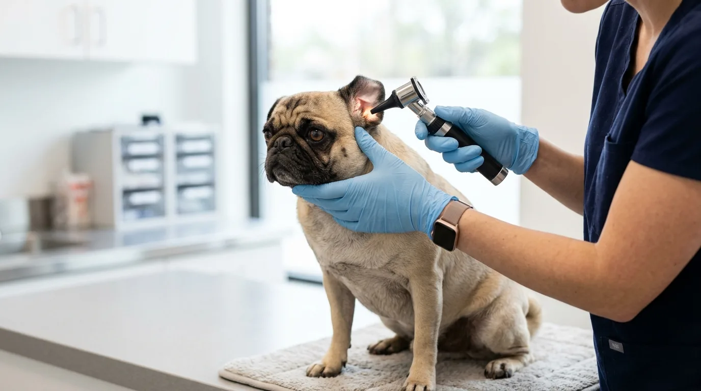 A veterinarian examining a Pug's ear for signs of infection.