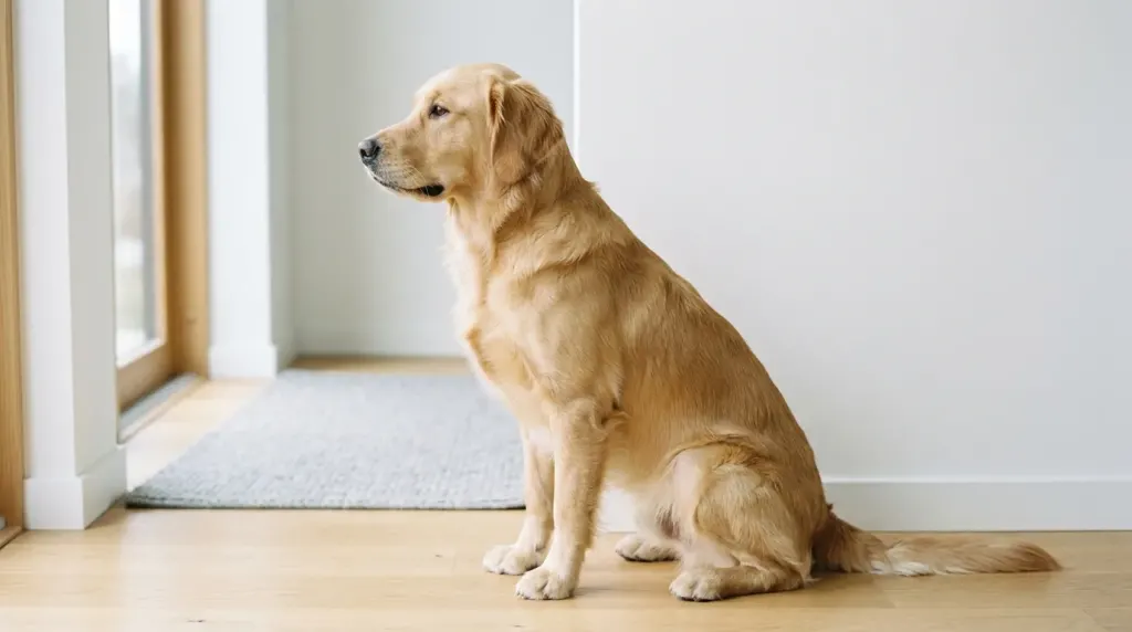 Side-profile of a dog demonstrating relaxed horizontal pinnae with a relaxed facial expression