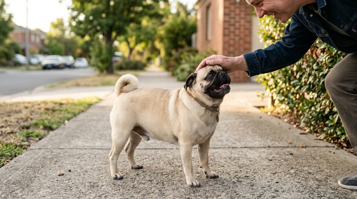 A Pug showing relaxed body language and slightly pulled-back ears during a greeting.
