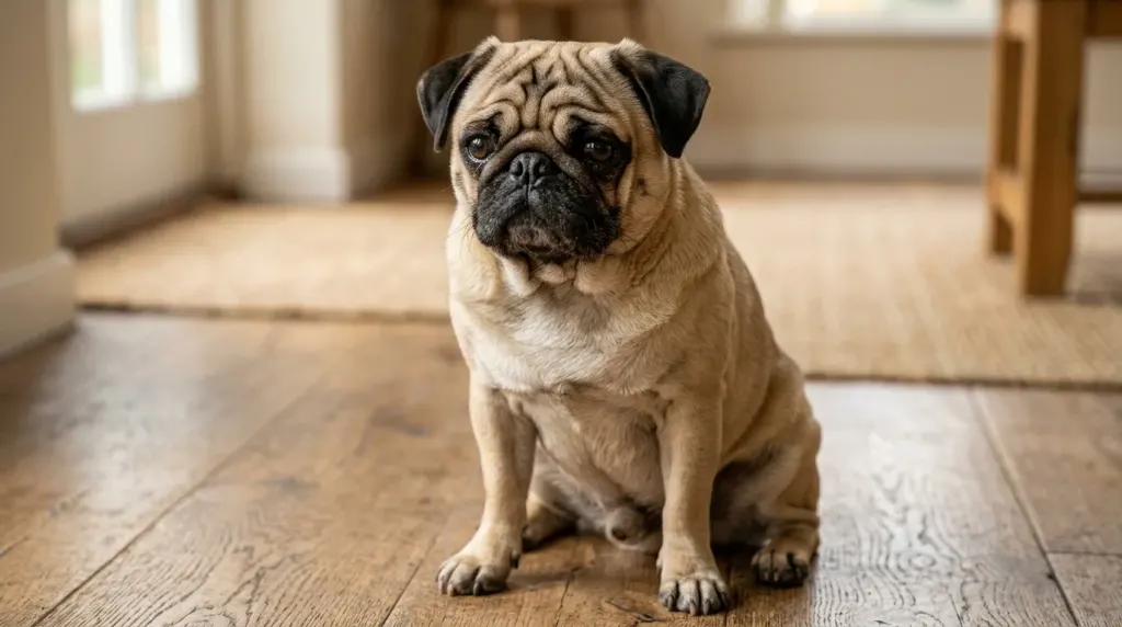 Close-up of a fawn Pug displaying natural button fold shape and facial wrinkles