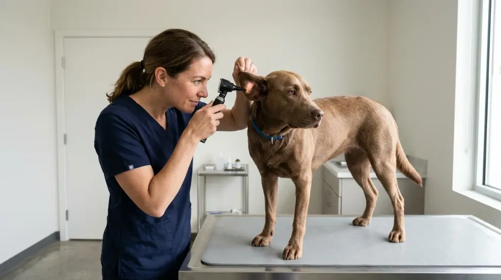 A veterinarian examining a dog's auditory canal during a routine checkup