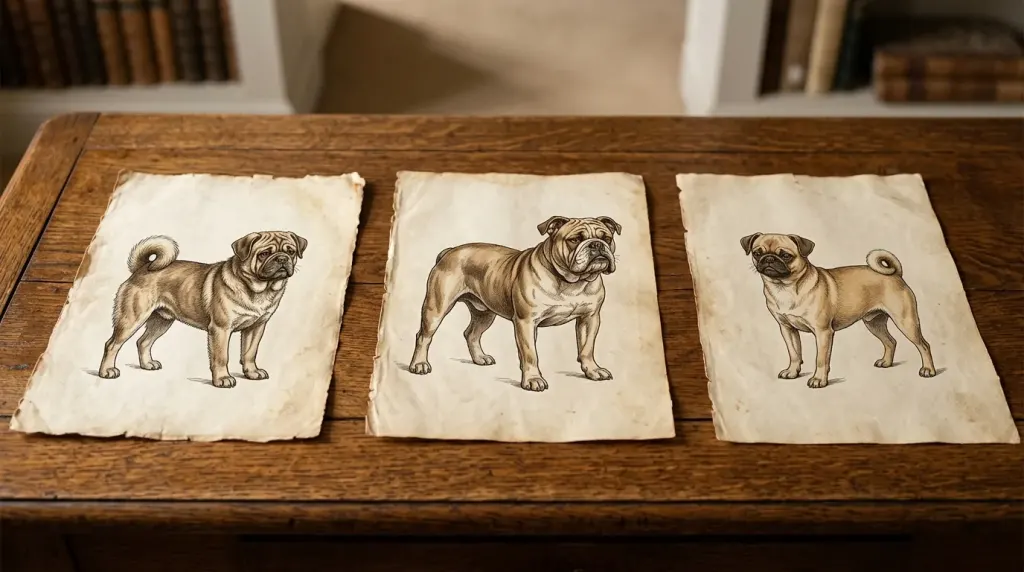 Detailed view of a Pug alongside historical sketches of ancient Asian companion dogs