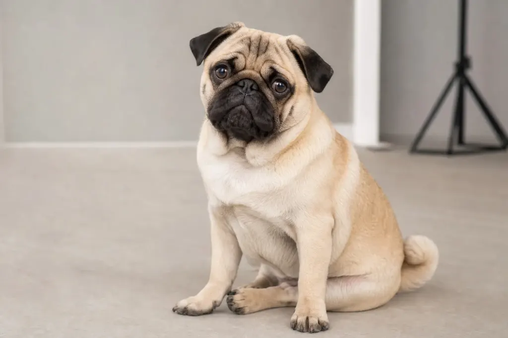 Side profile of a purebred Pug demonstrating compact body structure and curled tail