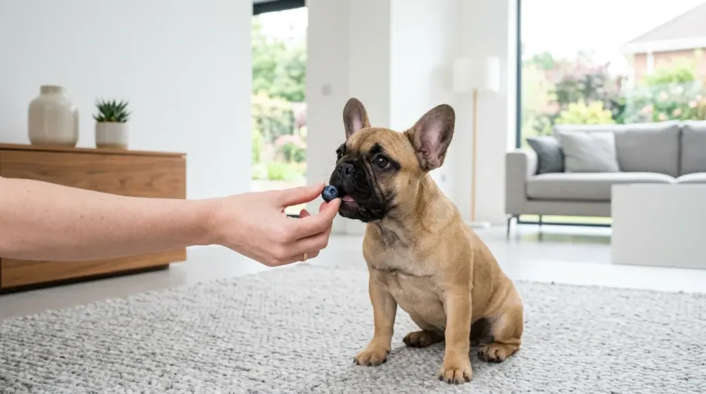 A person offering a safe fresh blueberry treat to a French Bulldog.