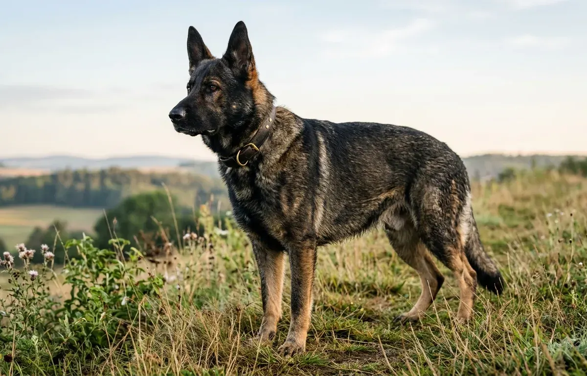 A powerful adult DDR German Shepherd with a straight back and dark sable coat standing alert outdoors.