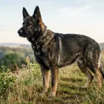 A powerful adult DDR German Shepherd with a straight back and dark sable coat standing alert outdoors.