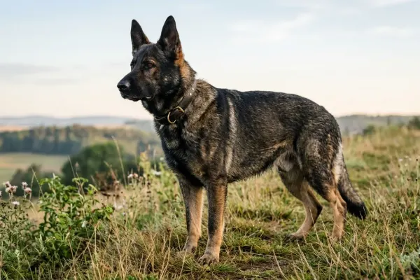 A powerful adult DDR German Shepherd with a straight back and dark sable coat standing alert outdoors.
