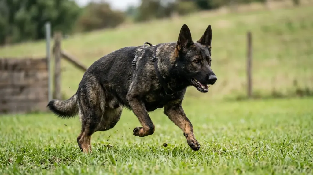 An athletic DDR German Shepherd demonstrating working focus and obedience on a training field.