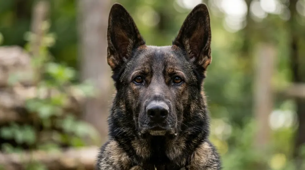 Close-up portrait of a DDR German Shepherd showing broad head structure and dark facial pigmentation.