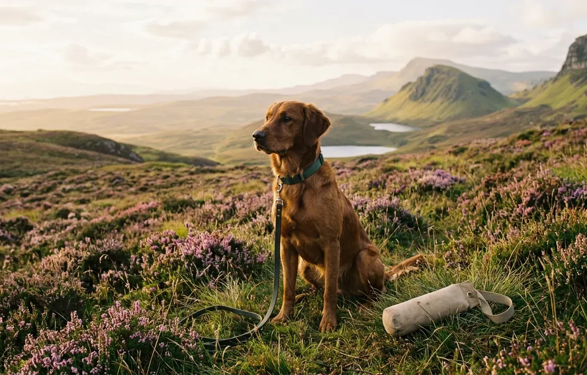 An athletic field Golden Retriever with a sleek dark golden coat sitting alertly in an open training field