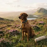 An athletic field Golden Retriever with a sleek dark golden coat sitting alertly in an open training field