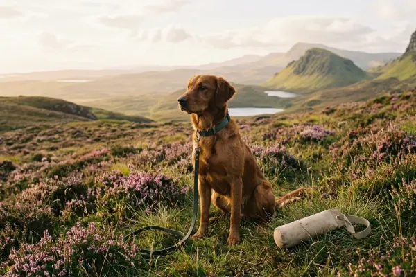 An athletic field Golden Retriever with a sleek dark golden coat sitting alertly in an open training field