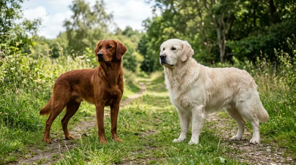 Side-by-side visual comparison between a lean field Golden Retriever and a stockier show line Golden Retriever