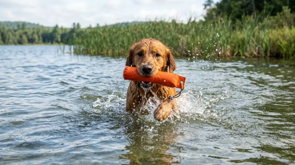 A working field Golden Retriever retrieving a training bumper from a lake