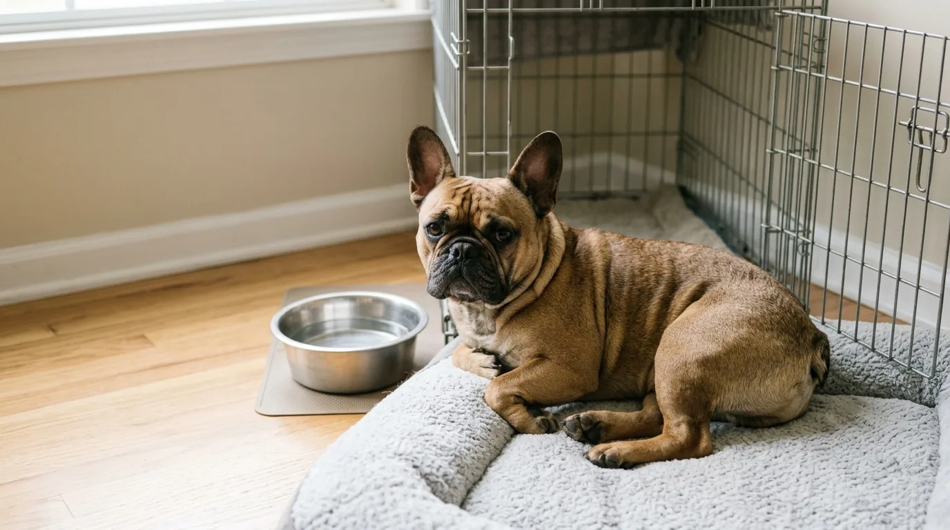 French Bulldog resting indoors near a crate showing body proportions and flat facial structure