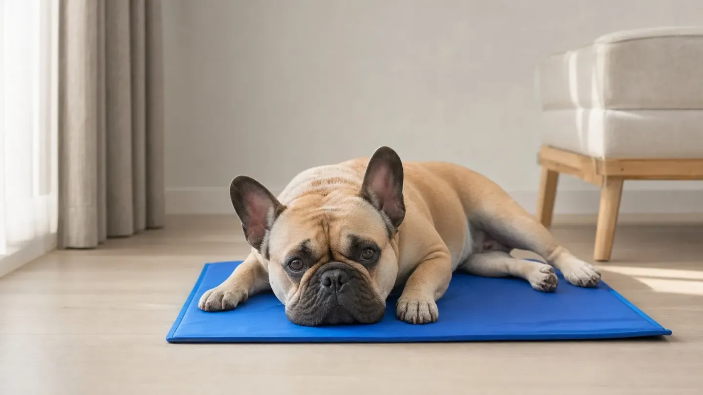 French Bulldog lying on an indoor cooling mat to stay cool and assist breathing