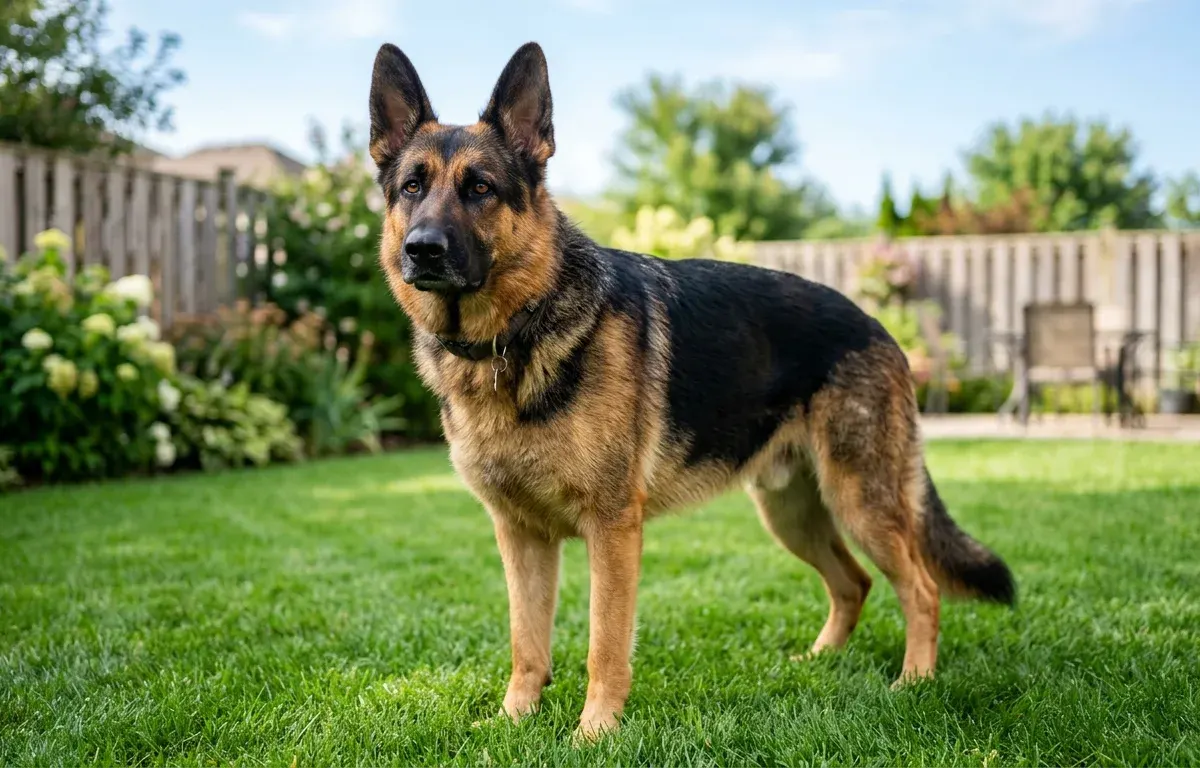 An adult black and tan German Shepherd dog standing alert on a green lawn in daylight