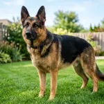 An adult black and tan German Shepherd dog standing alert on a green lawn in daylight