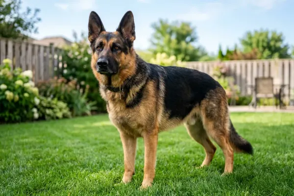 An adult black and tan German Shepherd dog standing alert on a green lawn in daylight