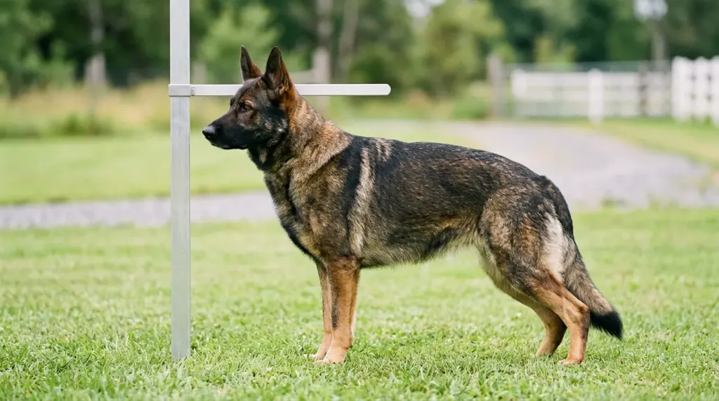 A sable German Shepherd dog standing in profile demonstrating athletic breed conformation