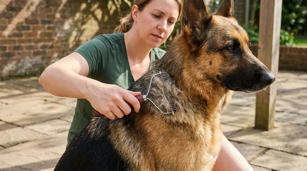 A person using an undercoat grooming brush on a German Shepherd dog to remove loose shedding fur