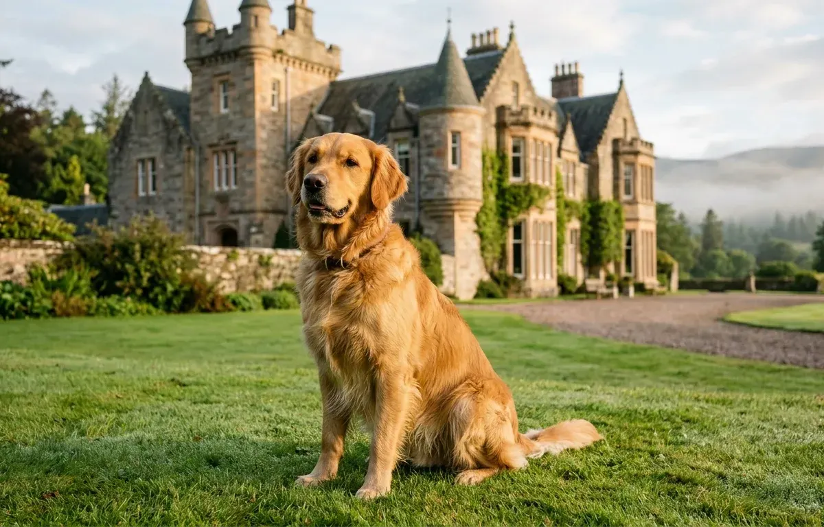 An adult Golden Retriever sitting on a lawn in front of a stone country house.