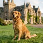 An adult Golden Retriever sitting on a lawn in front of a stone country house.