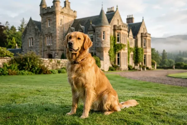 An adult Golden Retriever sitting on a lawn in front of a stone country house.