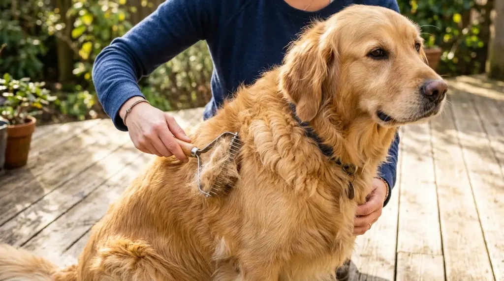 Grooming a Golden Retriever with an undercoat rake to remove loose fur.