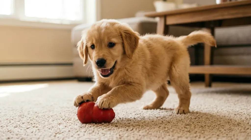 A young Golden Retriever puppy chewing on a toy during indoor playtime.