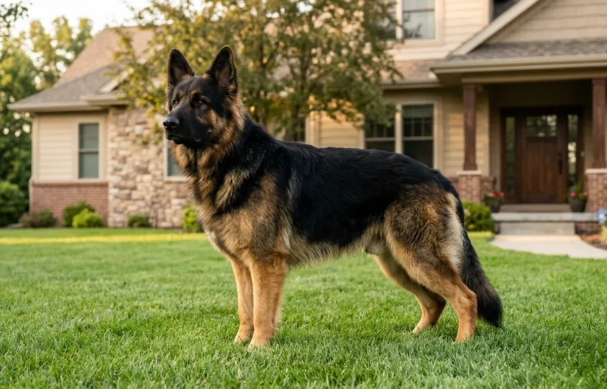 A magnificent male King German Shepherd standing on a green lawn showing its giant build and straight back