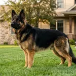 A magnificent male King German Shepherd standing on a green lawn showing its giant build and straight back