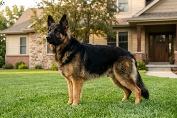 A magnificent male King German Shepherd standing on a green lawn showing its giant build and straight back