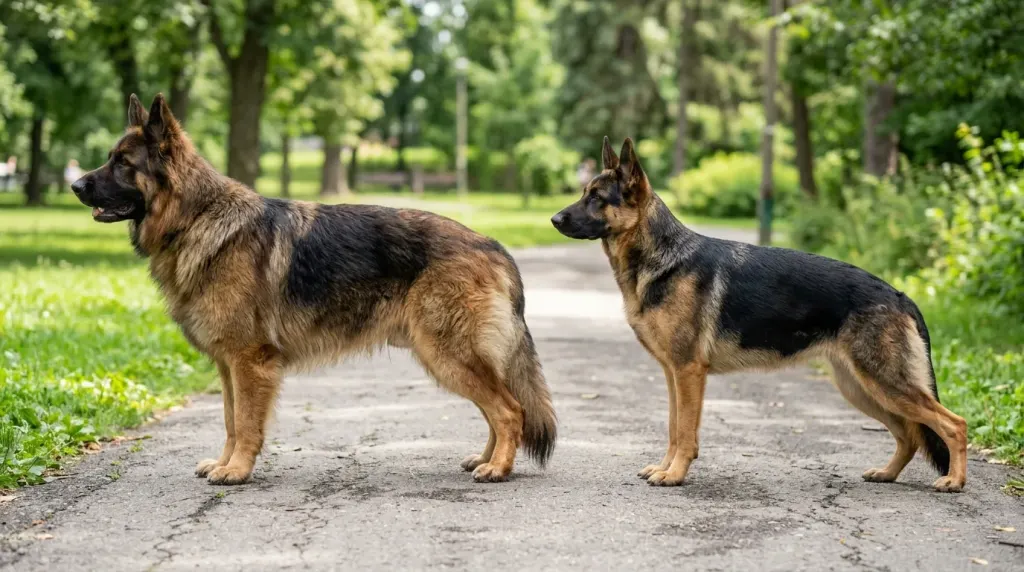 Side-by-side visual comparison between a giant King Shepherd with a straight back and a standard German Shepherd
