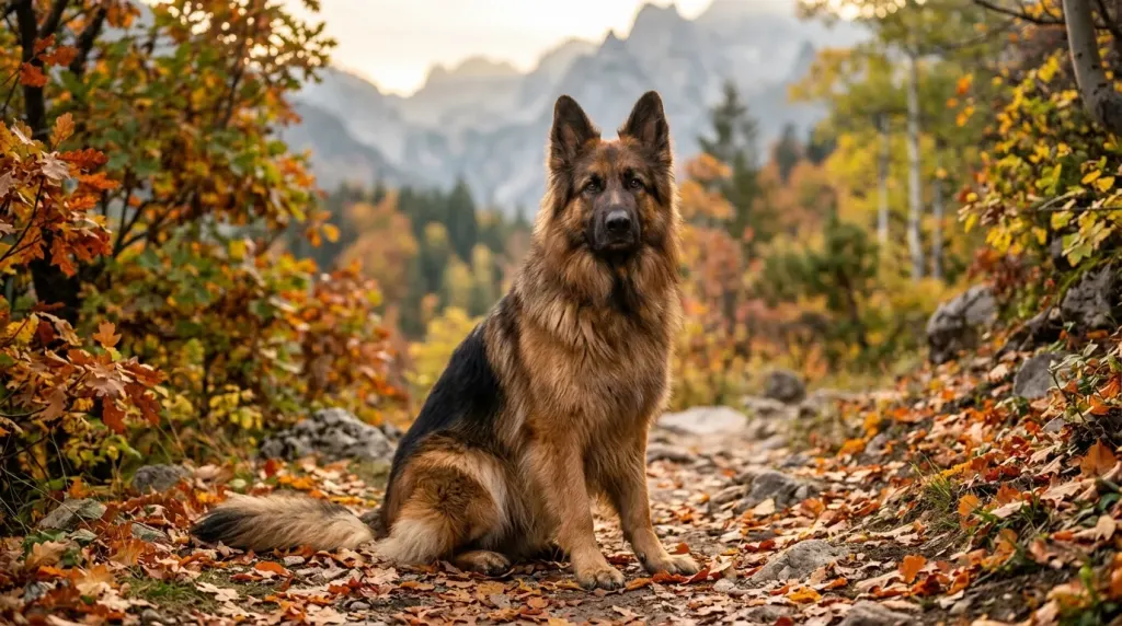 A long-haired King German Shepherd dog sitting in an autumn park displaying its plush feathered coat