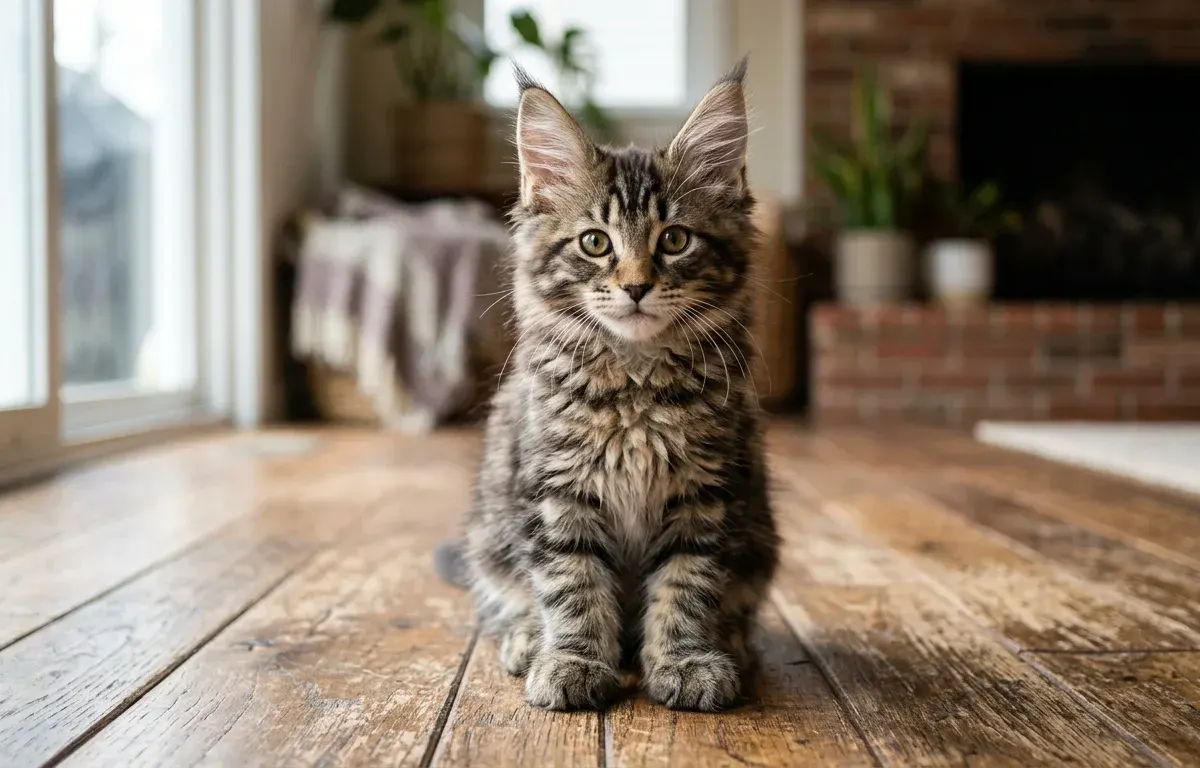 Purebred Maine Coon kitten with large lynx-tipped ears and broad tufted paws sitting in natural sunlight.