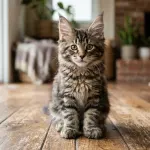 Purebred Maine Coon kitten with large lynx-tipped ears and broad tufted paws sitting in natural sunlight.