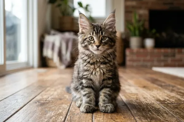 Purebred Maine Coon kitten with large lynx-tipped ears and broad tufted paws sitting in natural sunlight.