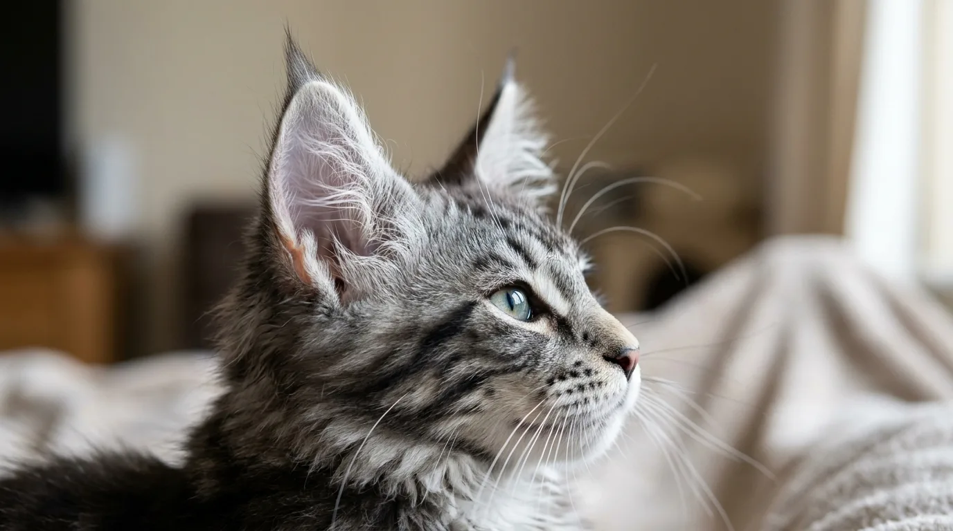 Close-up view of a Maine Coon kitten showing distinct vertical lynx ear tips and square muzzle profile.