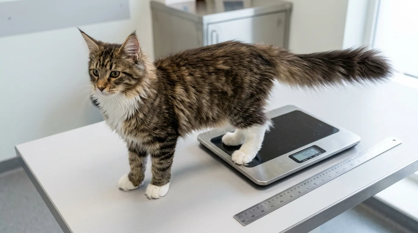 Adolescent Maine Coon kitten showing long rectangular body frame and large bone structure during a growth check.