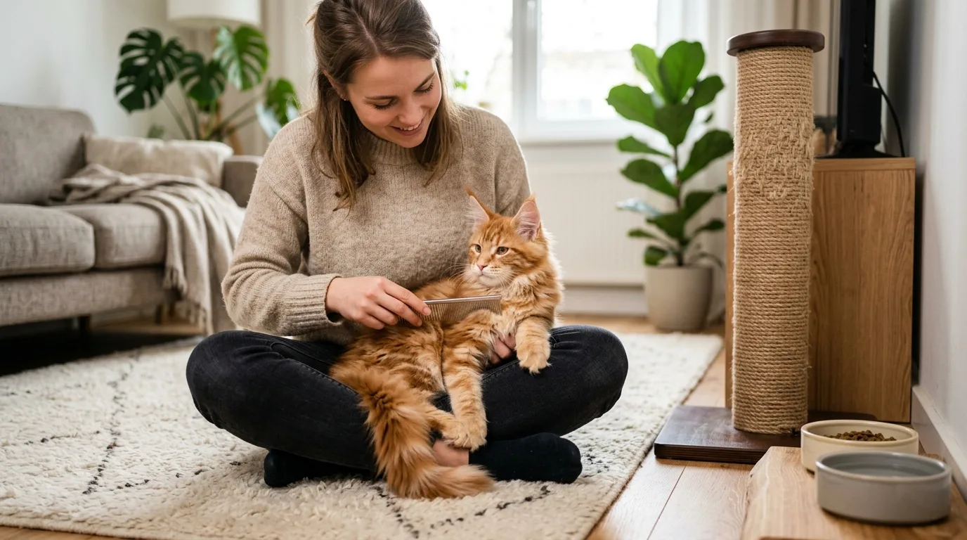 Grooming a young Maine Coon kitten with a steel comb to maintain its dense double coat.