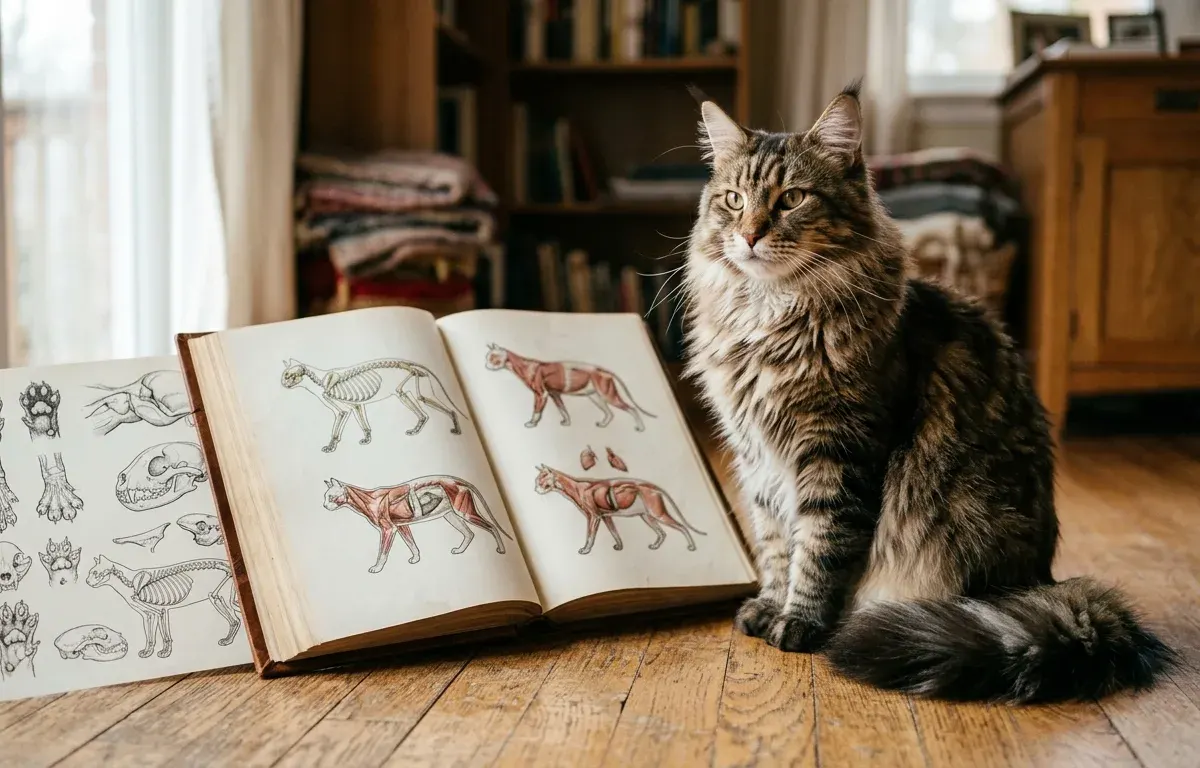 Maine Coon mix cat with tufted ears and a plumed tail beside a feline genetics guide on a wooden floor