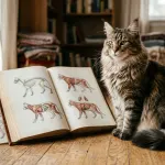 Maine Coon mix cat with tufted ears and a plumed tail beside a feline genetics guide on a wooden floor