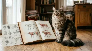 Maine Coon mix cat with tufted ears and a plumed tail beside a feline genetics guide on a wooden floor